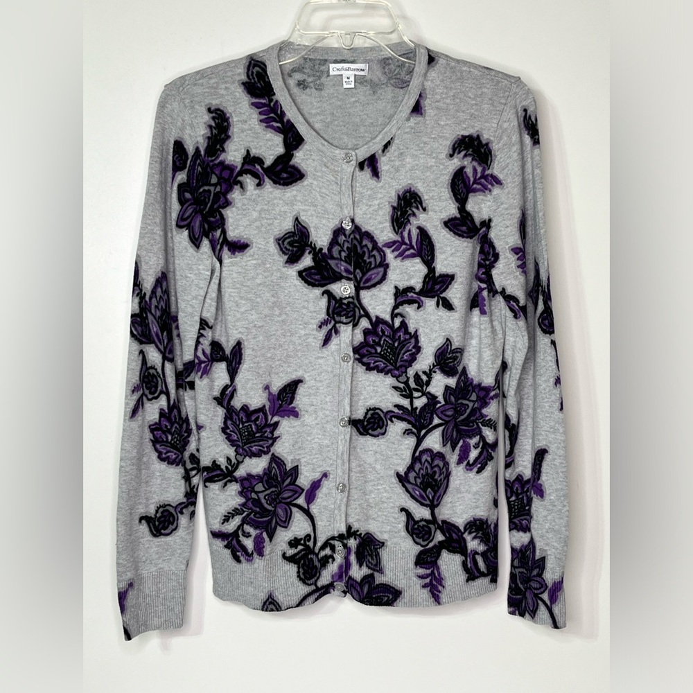 Croft & Barrow Gray Button Up Long Sleeve Cardigan Purple Flowers Women's Medium